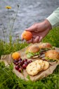 A plate of cherries, cookies, and sandwiches, on the group at rivers edge.